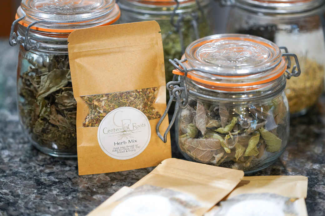 CR Special Herb Mix in package with glass herb jars in background sitting on counter.