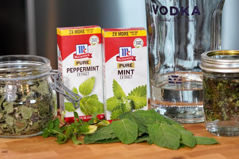 dried purple dead nettle in jar, dead nettle tincture in jar, vodka, and peppermint leaves and extract on table.
