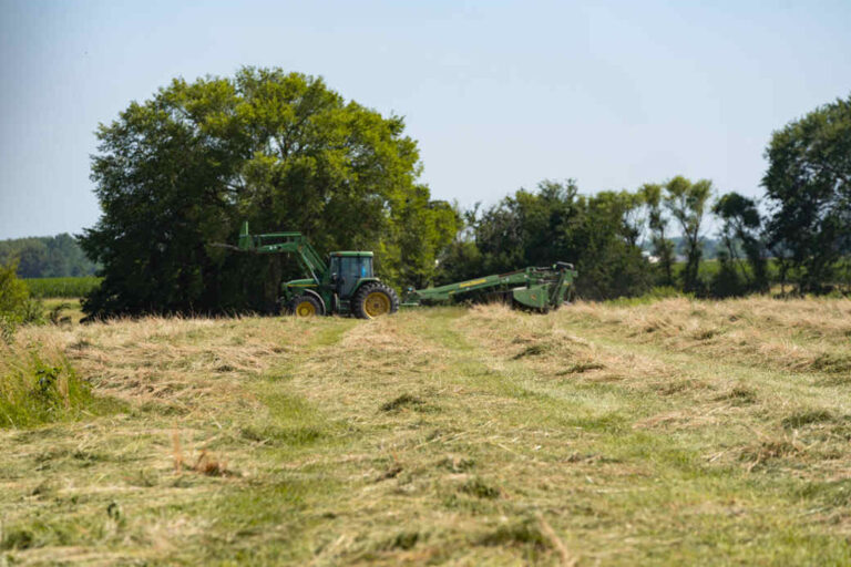 tractor mowing hay down in field